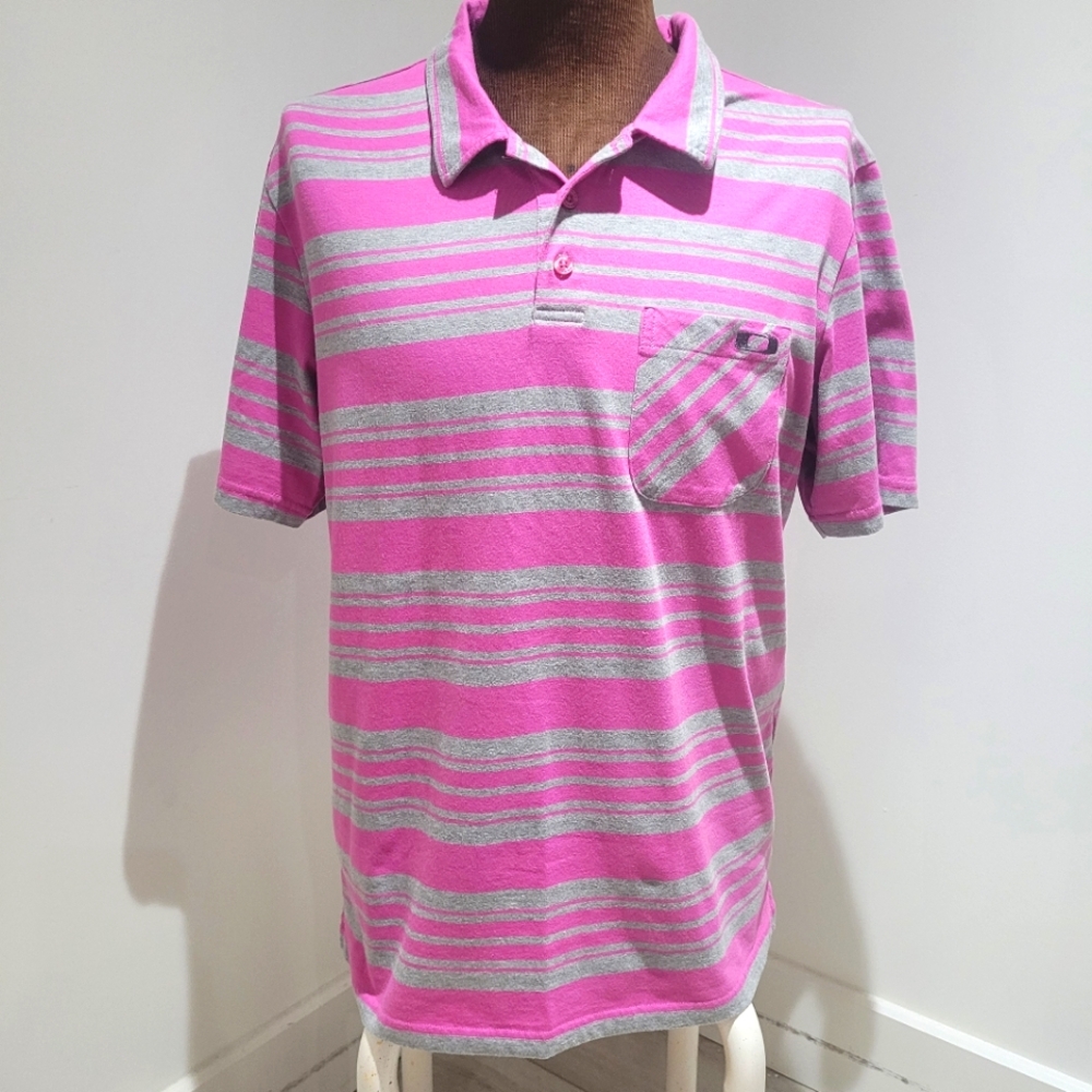 Oakley Men's Striped Collared Polo Shirt Large Pink Gray Golf Athleisure